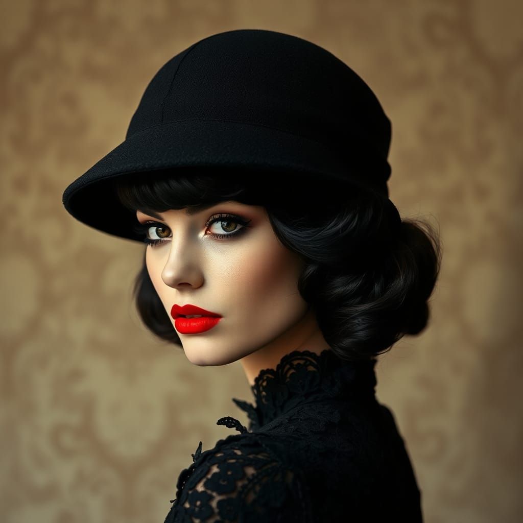 Elegant Woman in Black Hat, Vintage Style