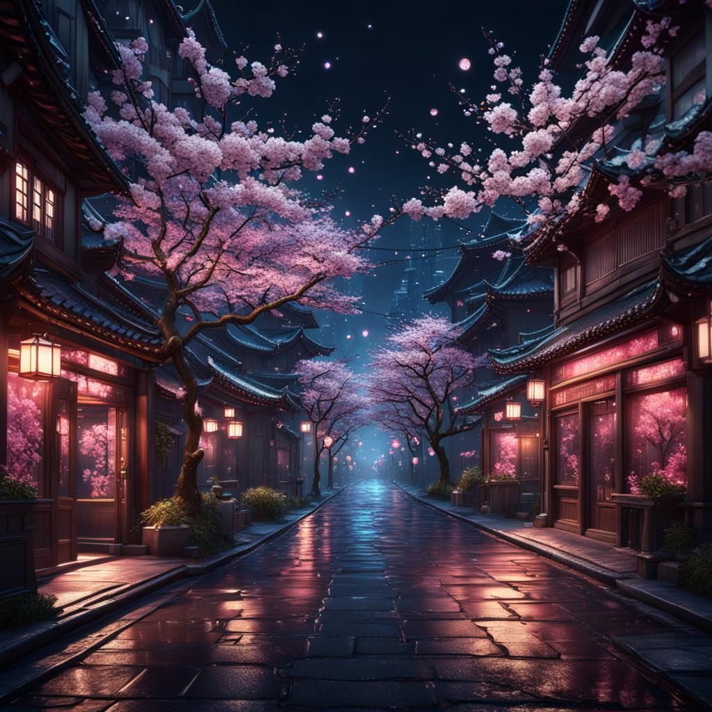 Nighttime Cherry Blossom Street: Fantasy Concept Art