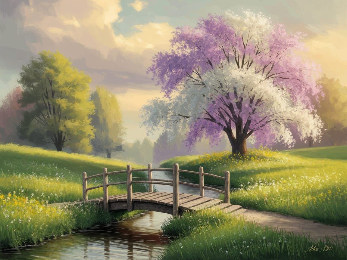 Idyllic Landscape with Wooden Bridge as Oil Painting