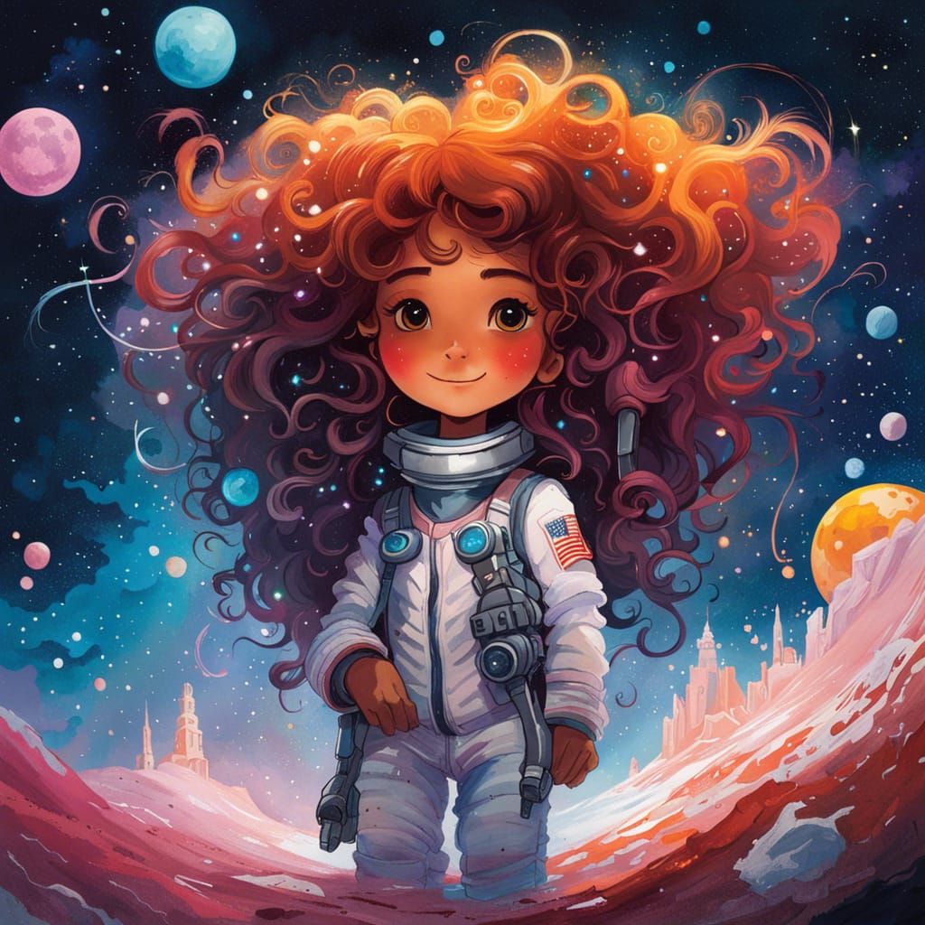 Astronaut Girl with Starry Hair, Watercolor Calligraphy