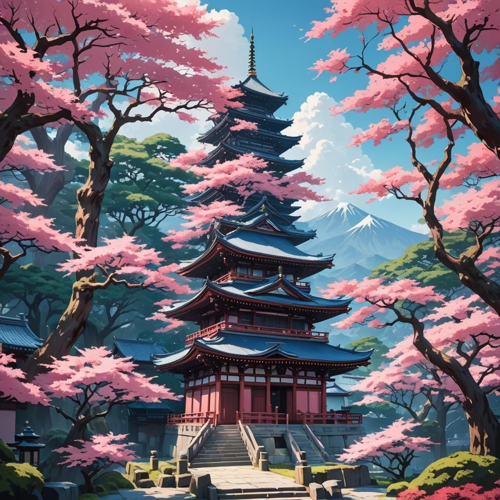 Japanese Temple with Pink Trees in Anime Style