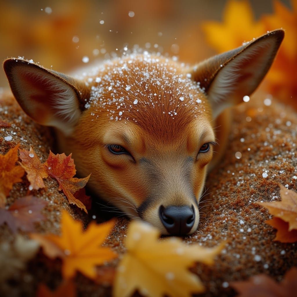 Sleeping Fawn in Autumnal, Hyper-Photorealistic Style