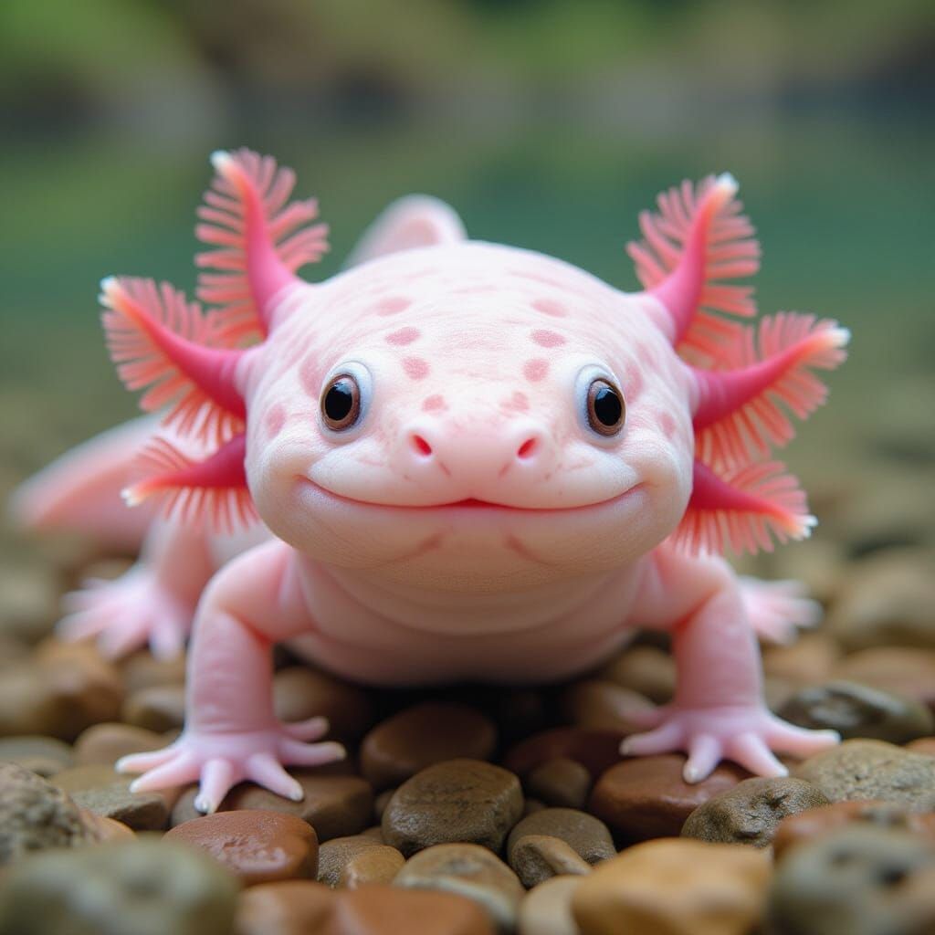 Realistic Axolotl Close Up in Rocky Lake