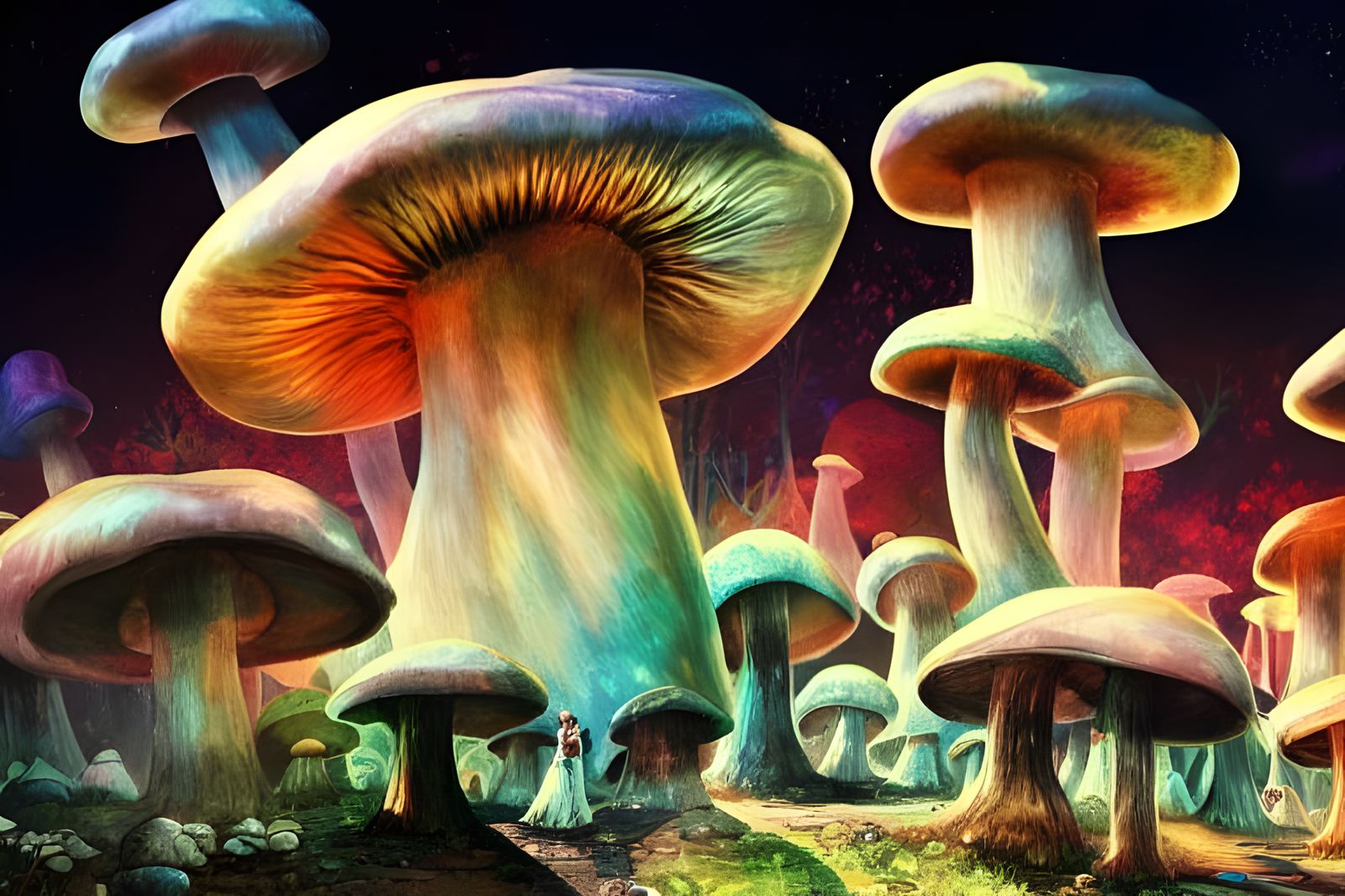 Lively Dwarf City in Mushroom Forest, Ink Painting