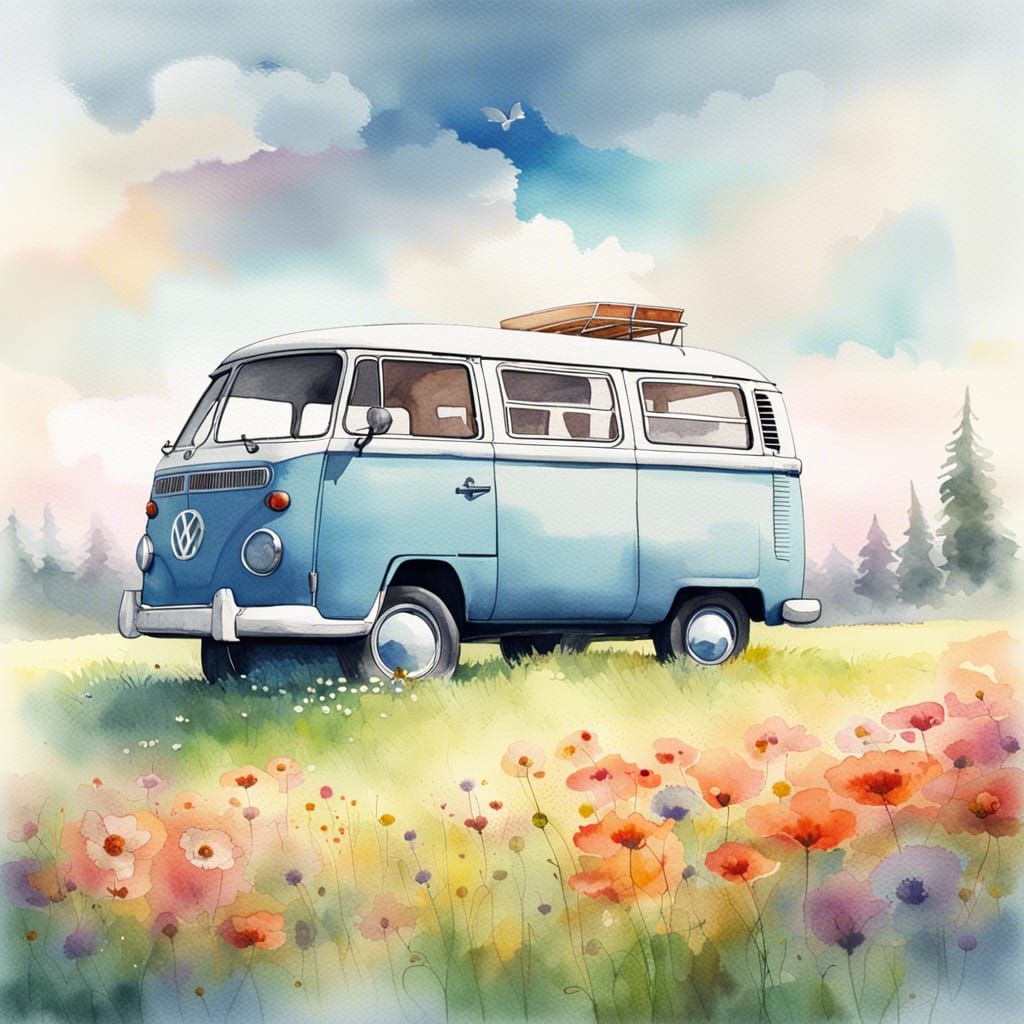 Volkswagen Van in Flowery Meadow, Watercolor Painting