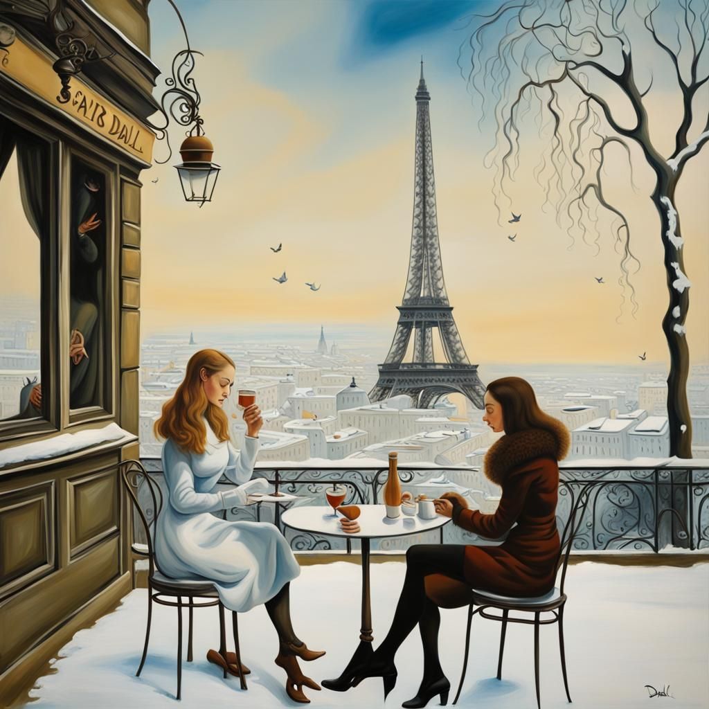 Girls in Love: Surreal Winter Cafe Scene