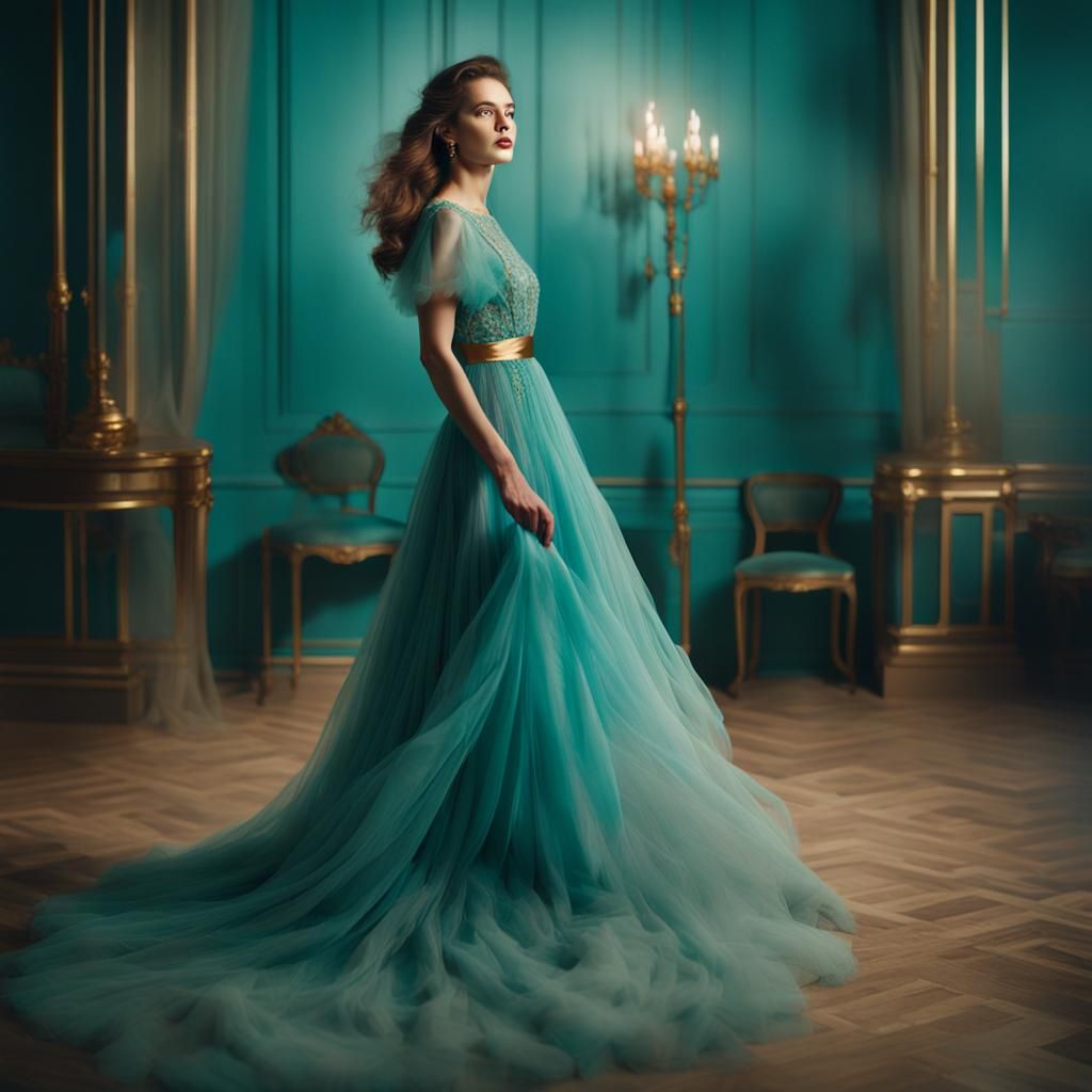 Glamorous Woman in Turquoise Dress, Old Hollywood Portrait