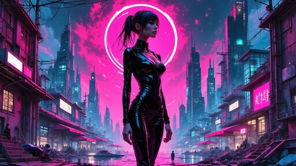 Mystical Woman in Dystopian Cityscape: Sci-Fi Art