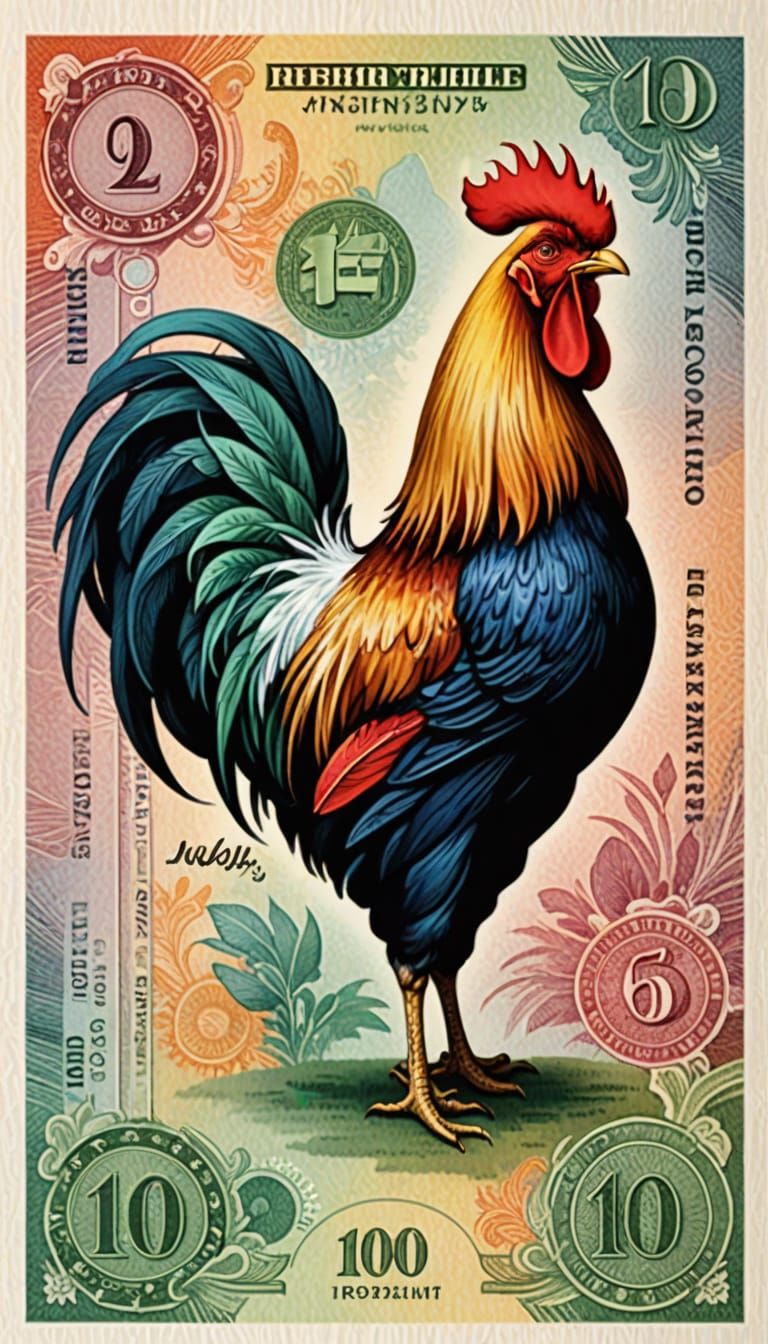 Colorful Rooster Currency: Modern Intaglio Print Design