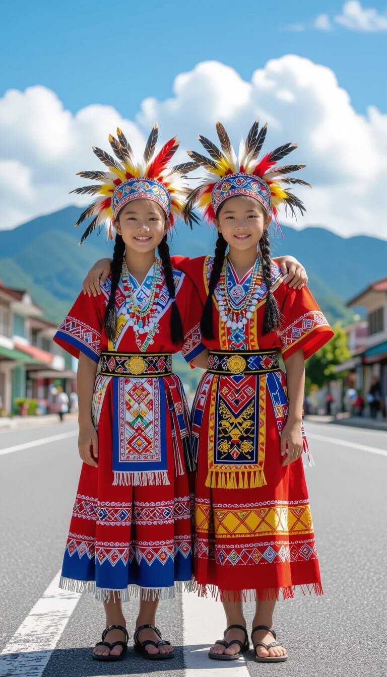 Two Taiwanese Girls in Tribal Attire with Mountain Backdrop