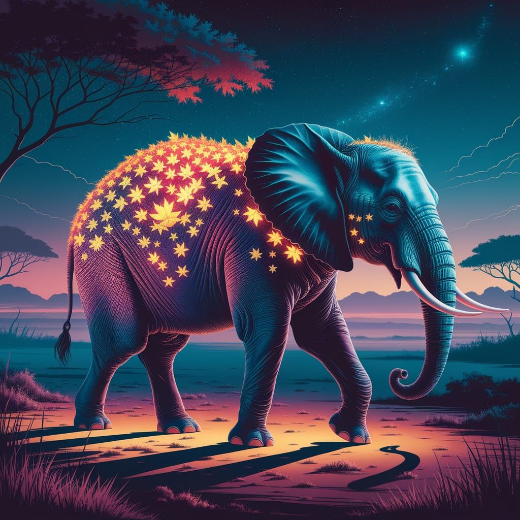 Bioluminescent Elephant in Dreamlike Savannah