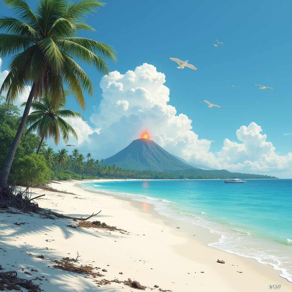 Hyper-Realistic Beach Scene with Volcano