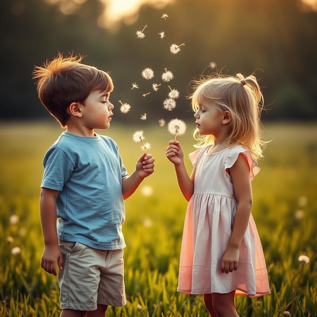 Children Blowing Dandelion Seeds in Hyperimpressionism Style