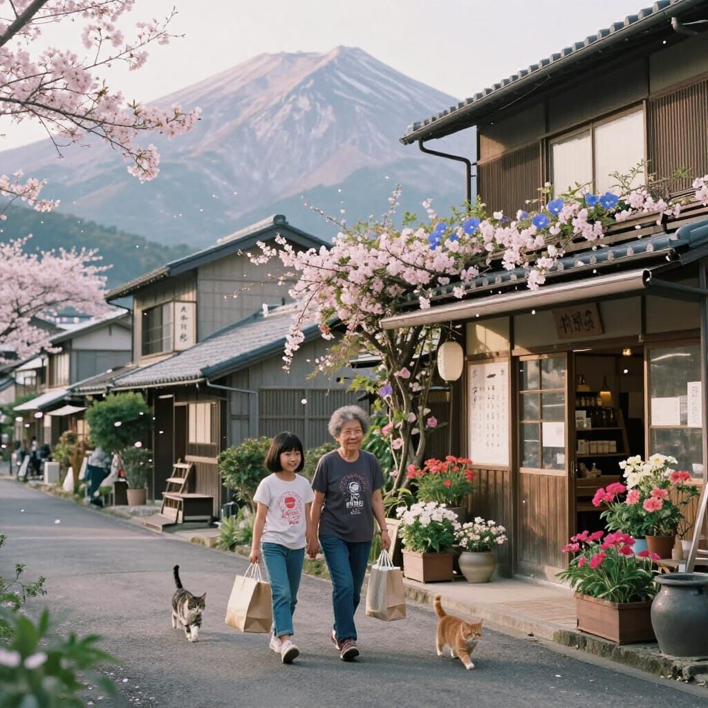 Japanese Village Morning with Grandmother and Granddaughter
