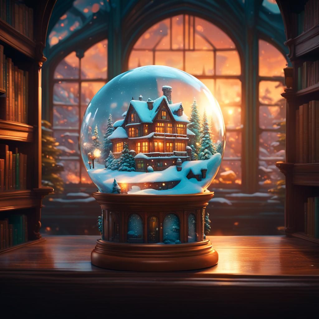 Winter Village Snow Globe in Library: 8K Art