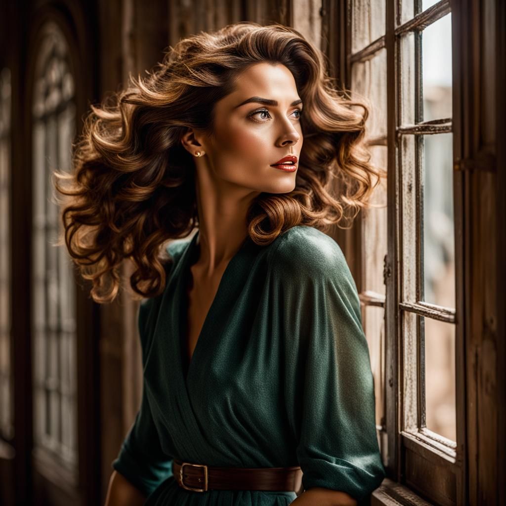 Elegant Woman in Vintage Setting, Close-Up Portrait