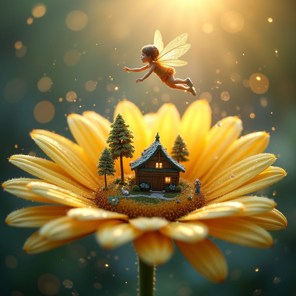 Whimsical Fairy Village in a Radiant Daisy