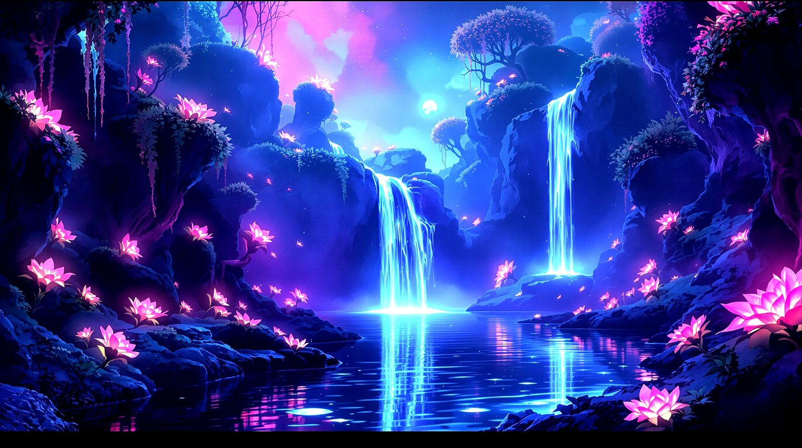 Bioluminescent Waterfall in Ethereal Flora, Watercolor Style