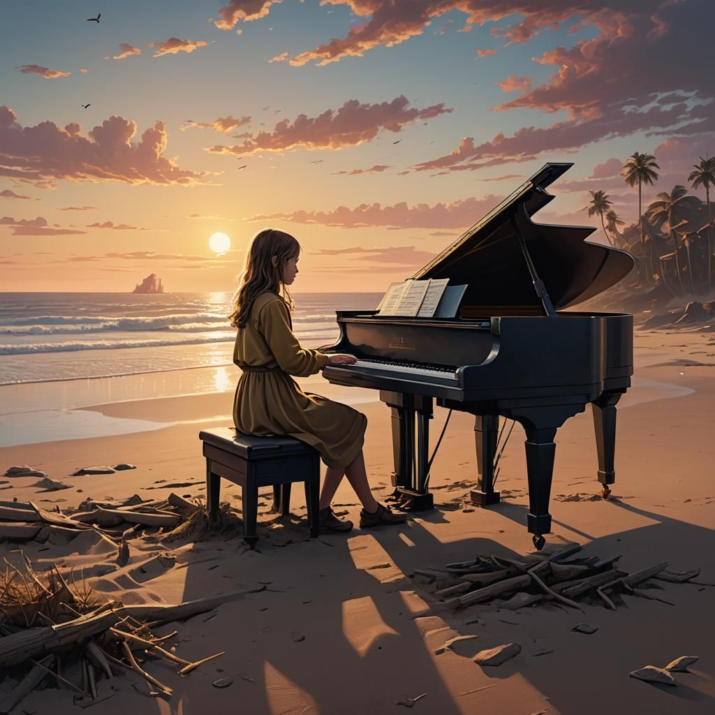 Girl Plays Piano on Beach at Dusk, Fantasy Art