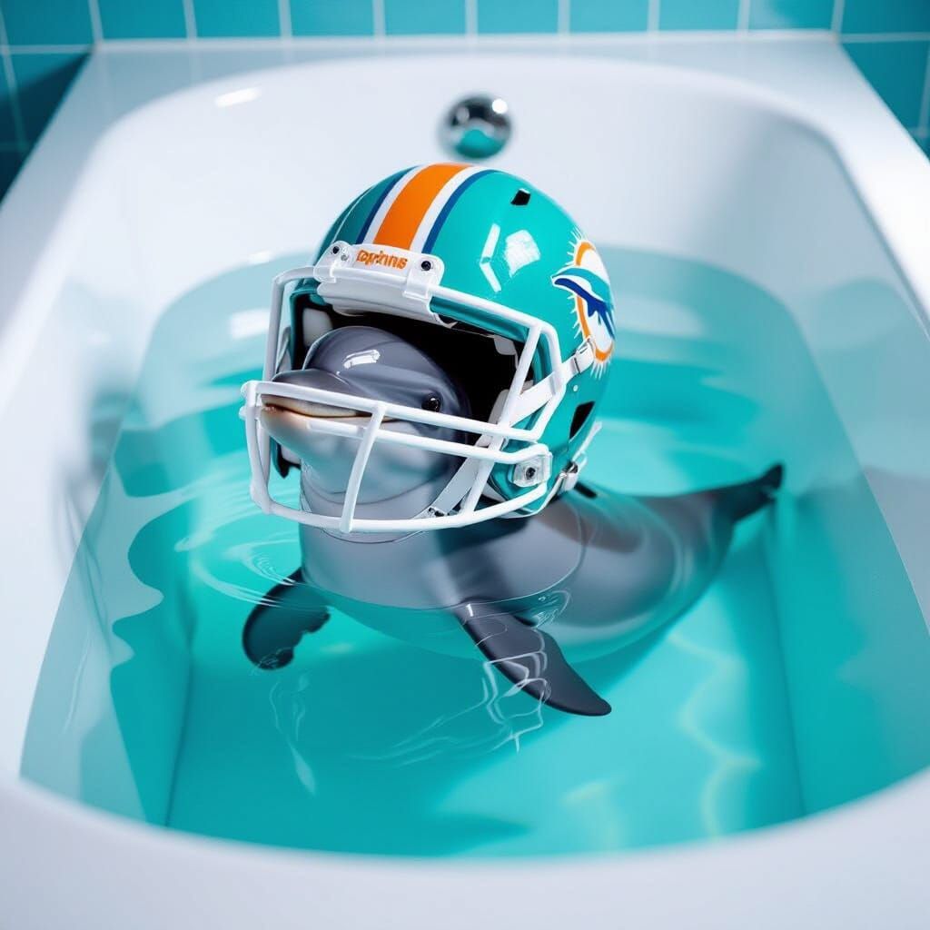Dolphin in Bathtub Wearing Miami Dolphins Helmet