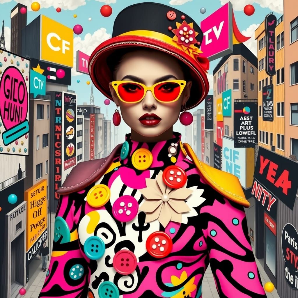 Pop Art Fashion Model in Neon Cityscape