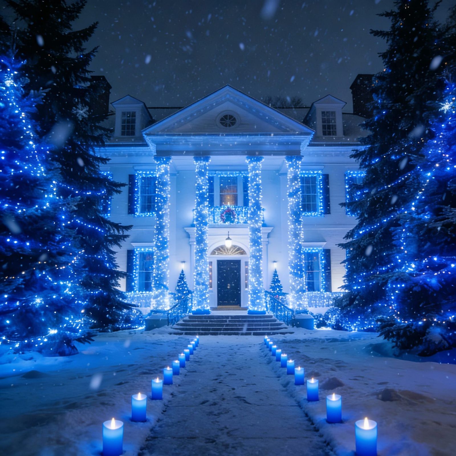 White House Covered in Blue Christmas Lights with Evergreens