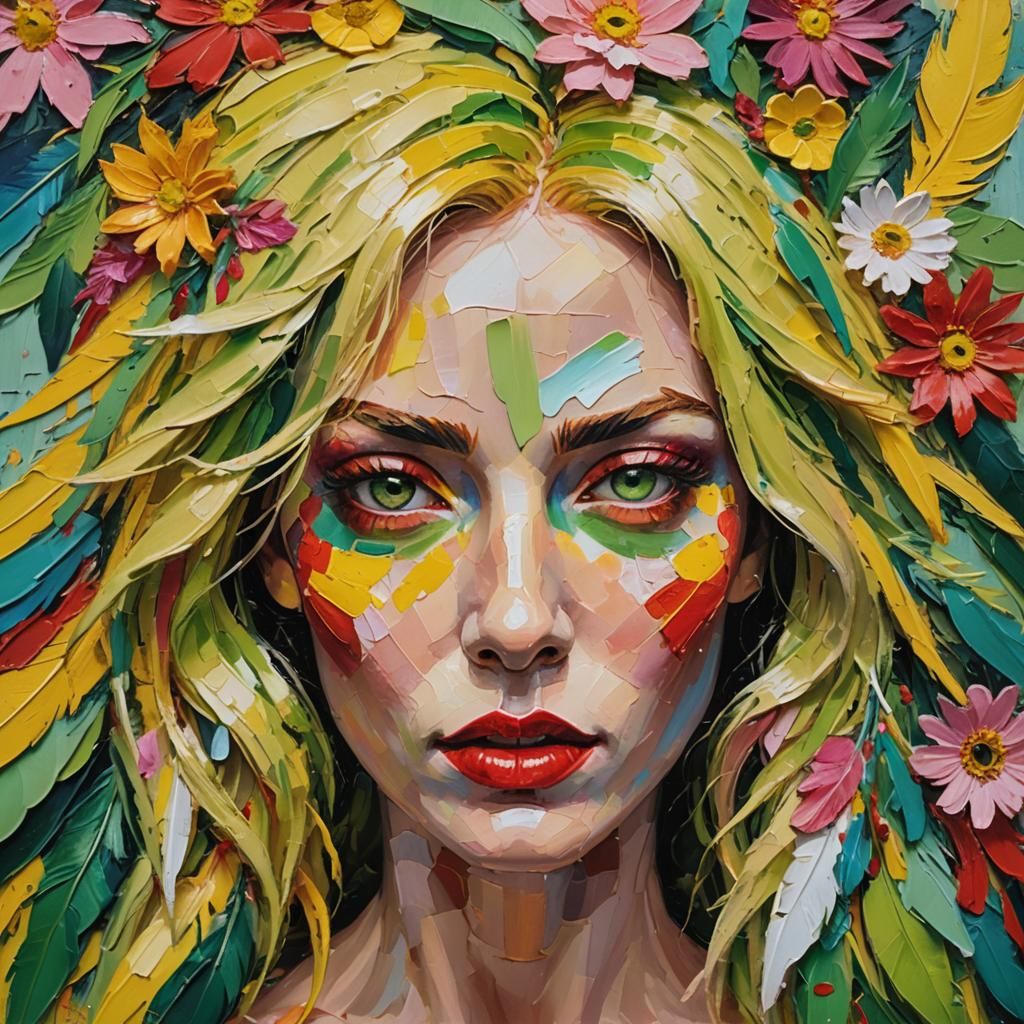 Colorful Feathered Woman in Neo-Impressionist Style