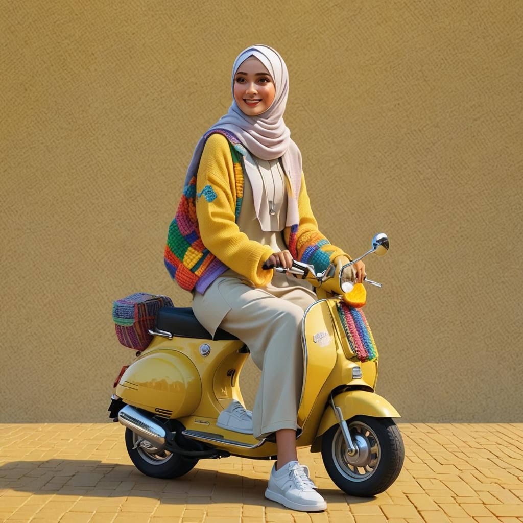 Pixar Style Woman on Vespa with Knitted Bag