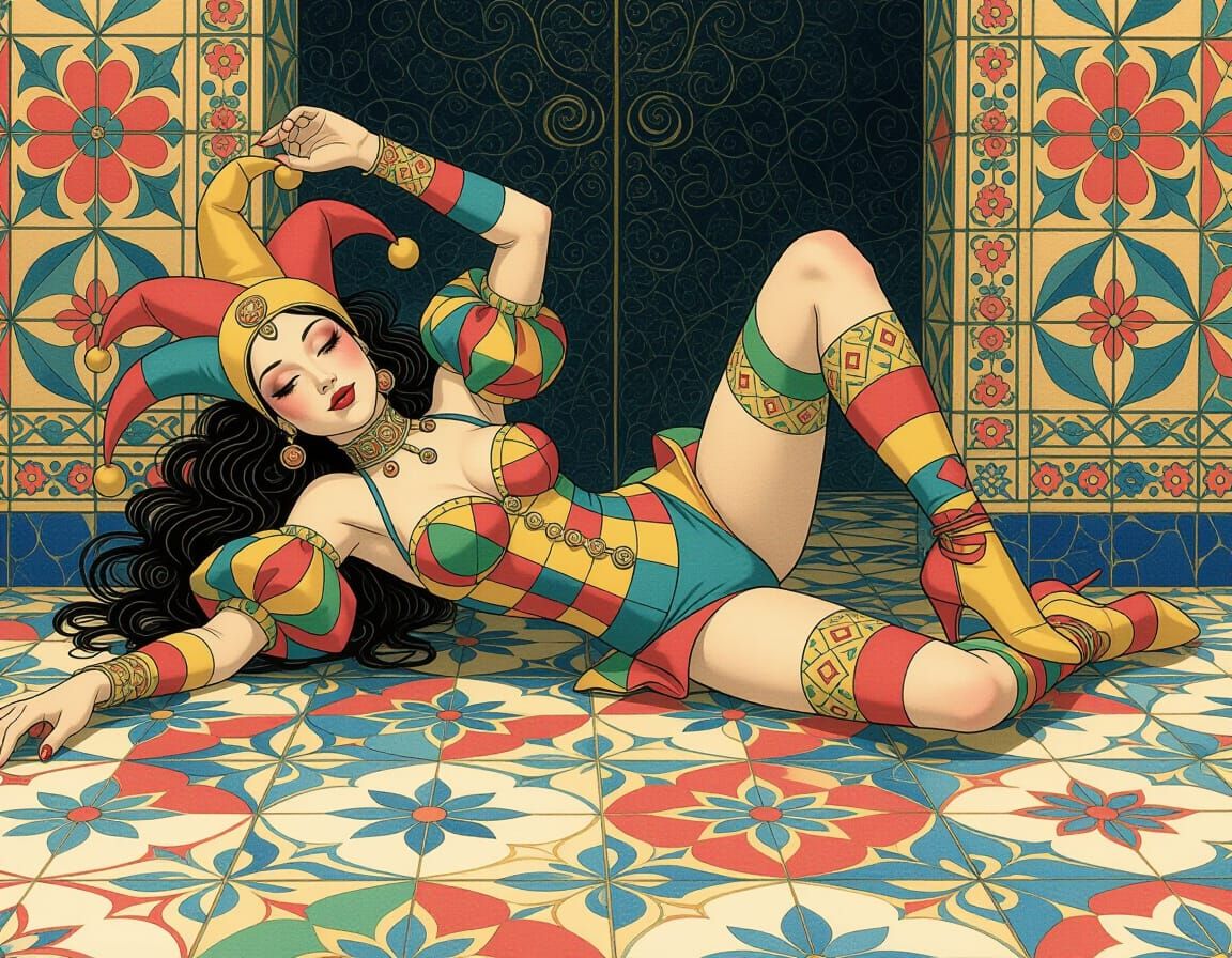 Cyberpunk Jester Figure in Vibrant Floral Setting