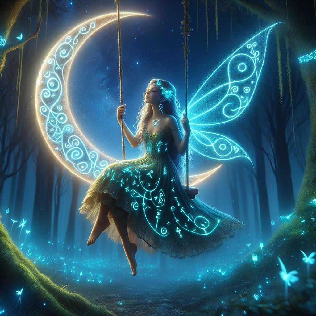 Fairy on Moon Swing in Bioluminescent Forest