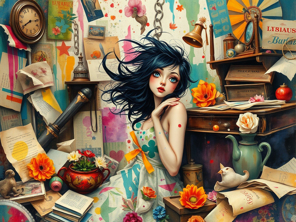 Whimsical Woman in Cluttered Room, Impressionist Image