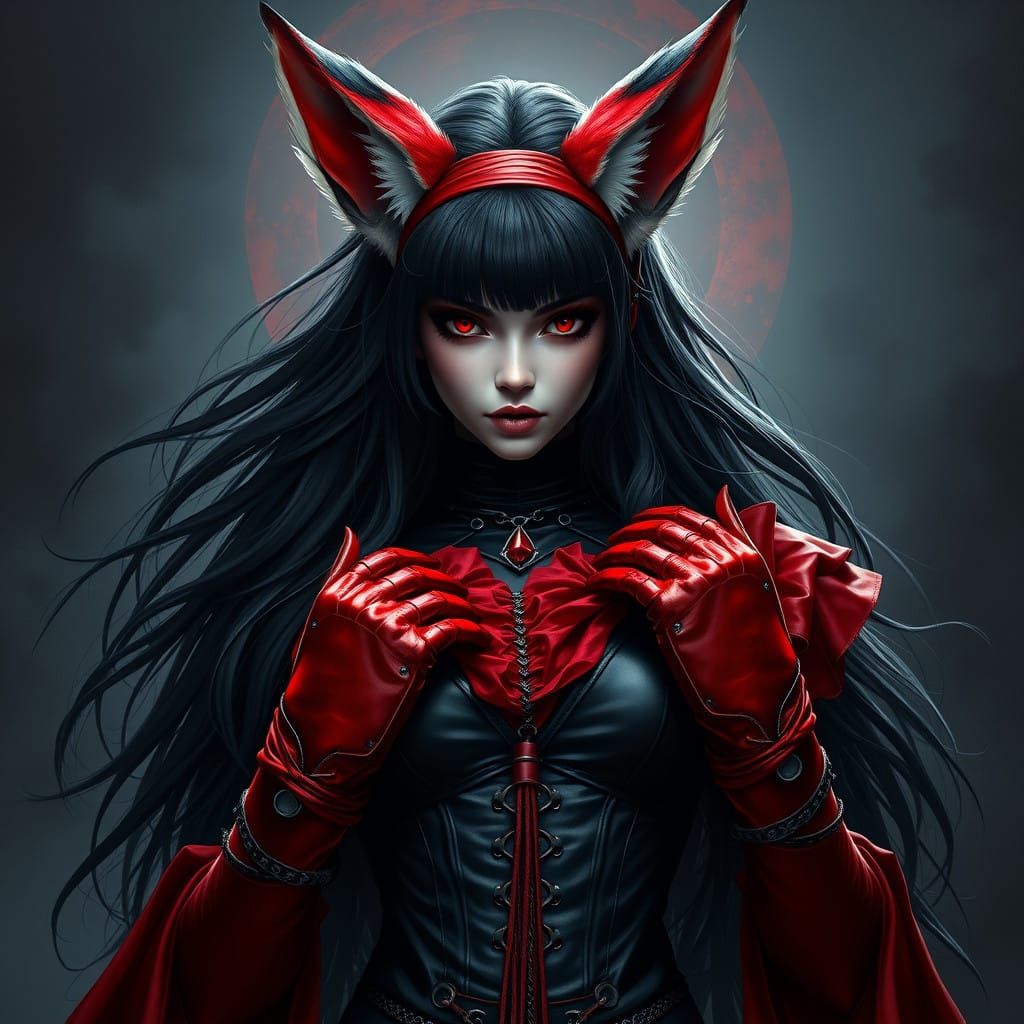 Goth Queen with Majestic Fennec Fox Ears and Dark, Vibrant A...