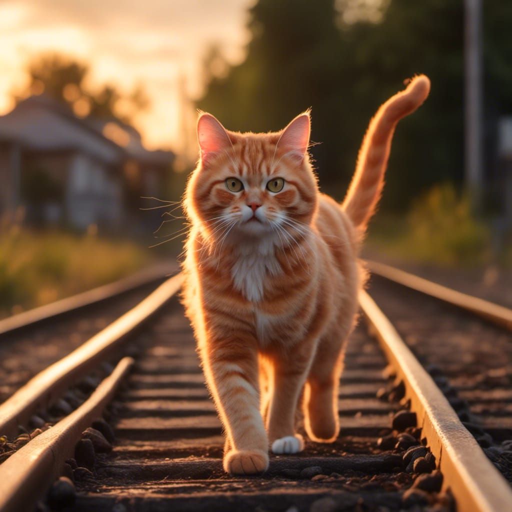 Orange Tabby Cat Walking on Railroad Track