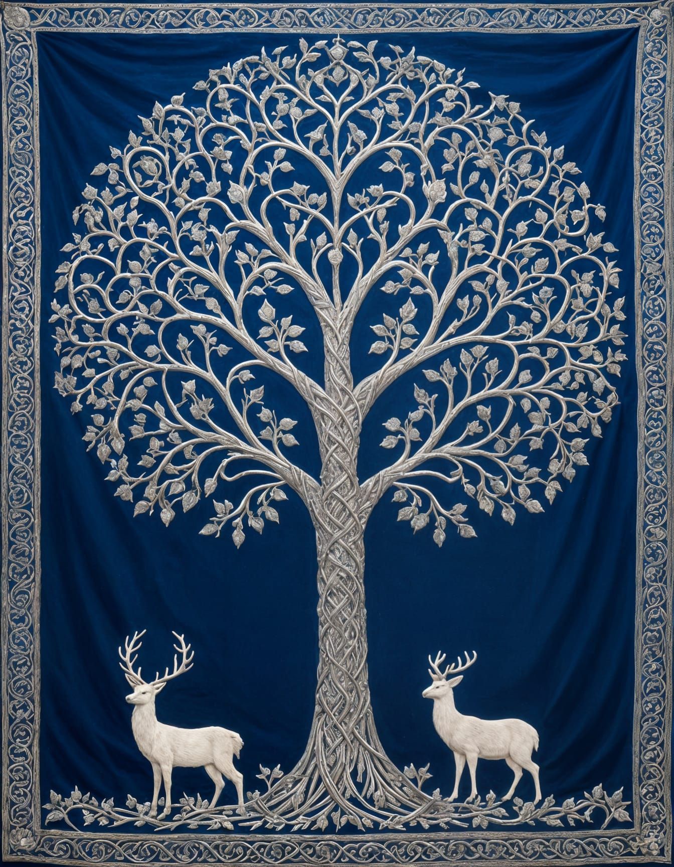 Royal Blue Tapestry with Silver Tree and Celtic Border