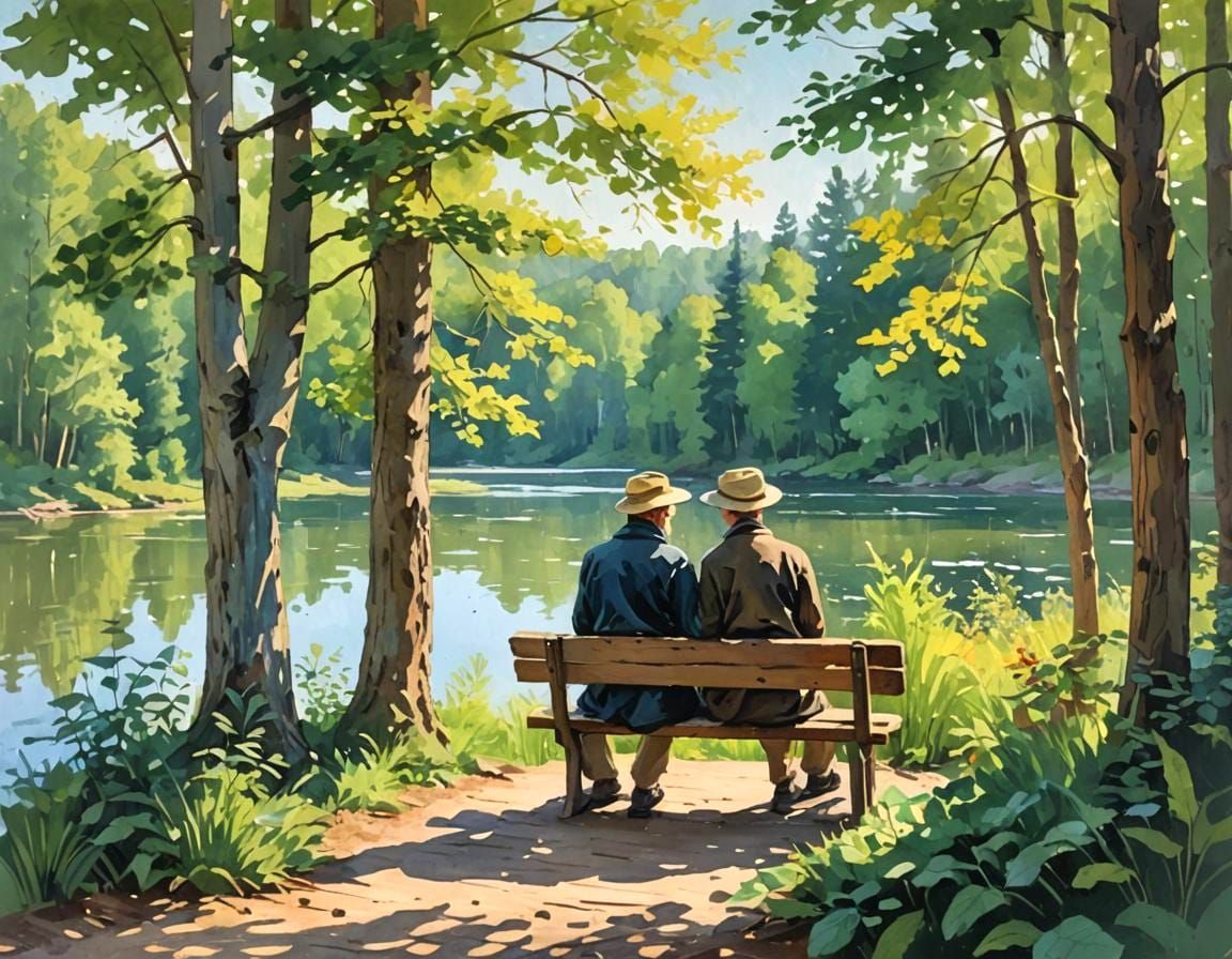 Tranquil Companionship: A Serene Gouache Style Scene