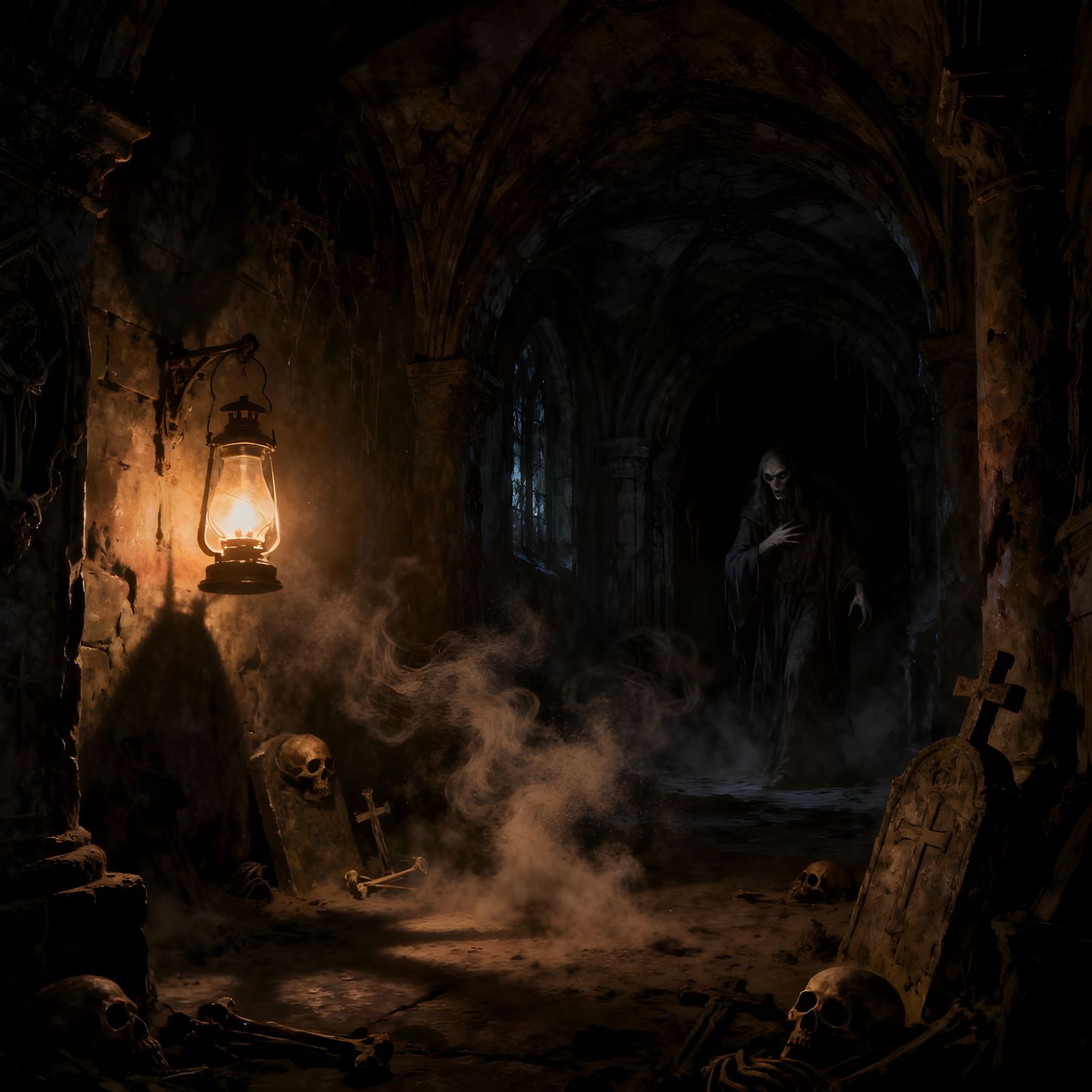 Macabre Crypt Scene in Gustave Doré Style