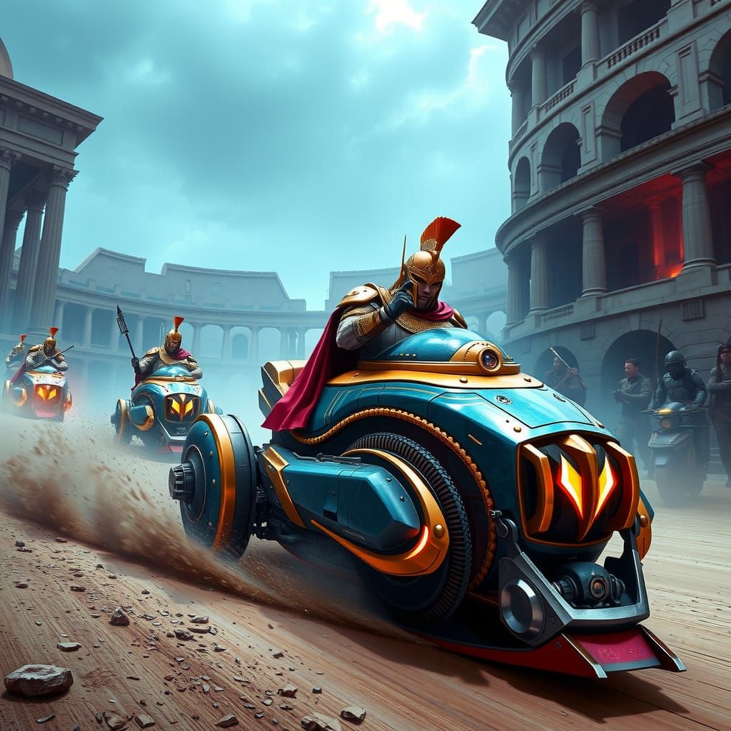 Ancient Warlord in Futuristic Pod Racer Chariot at High Spee...