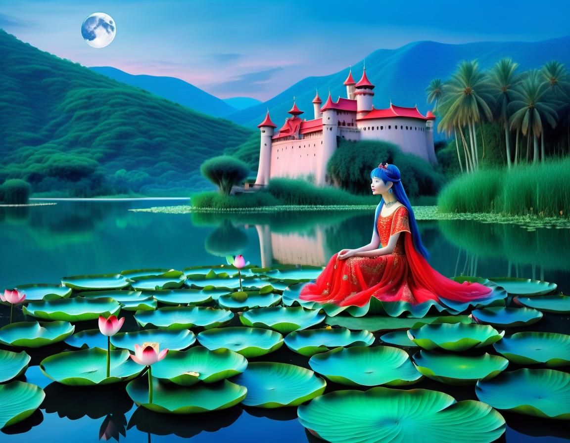 Blue-Haired Princess on Lotus Leaf in Vorticism Style