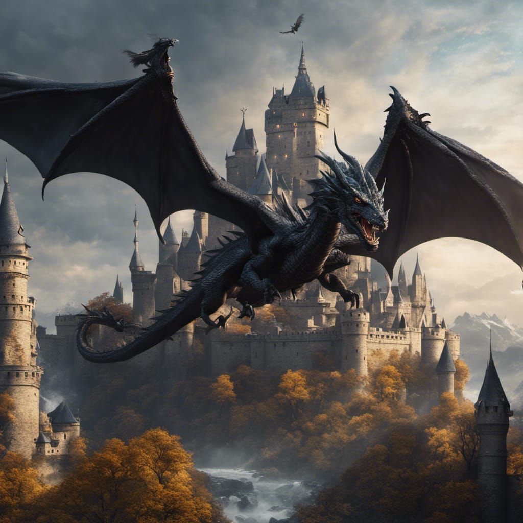 Black Dragon Soaring Near Castle: Fantasy Concept Art