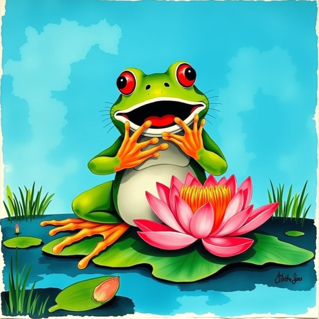 Surprised Tropical Frog on Water Lily
