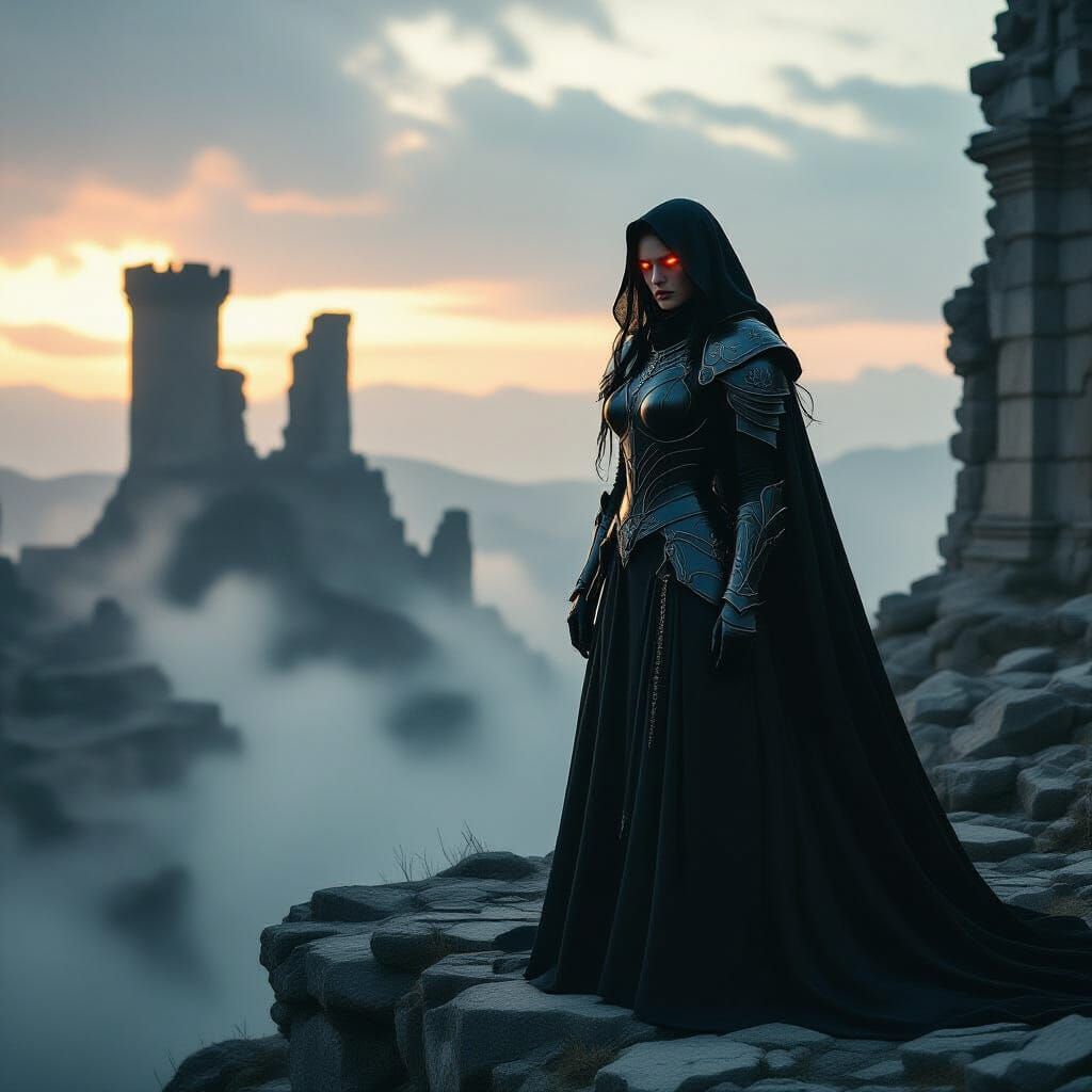 Dark Fantasy Mage in Ruined Landscape