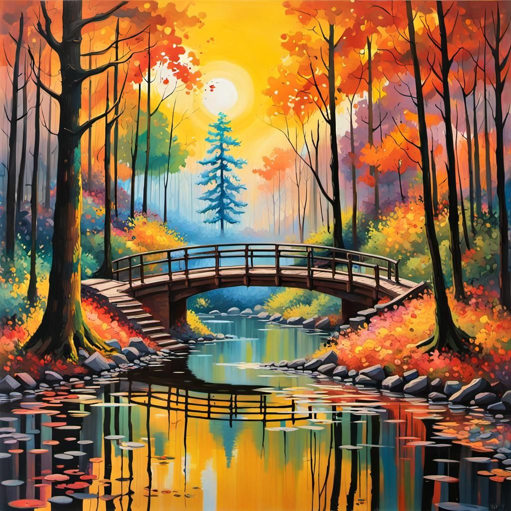 Autumn's Embrace: A Serene Journey Across a Tranquil Bridge in a Sunset-Lit Forest