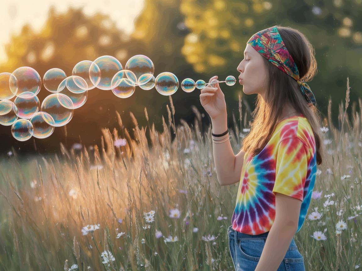Hippy Woman Blowing Bubbles in Impressionist Meadow