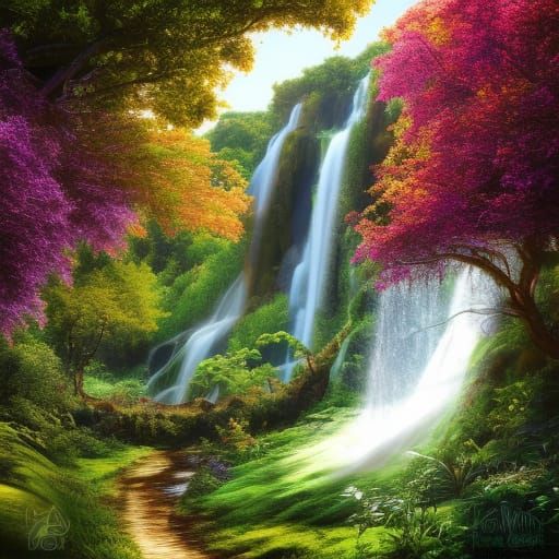 Hyperrealistic Garden of Eden with Waterfalls