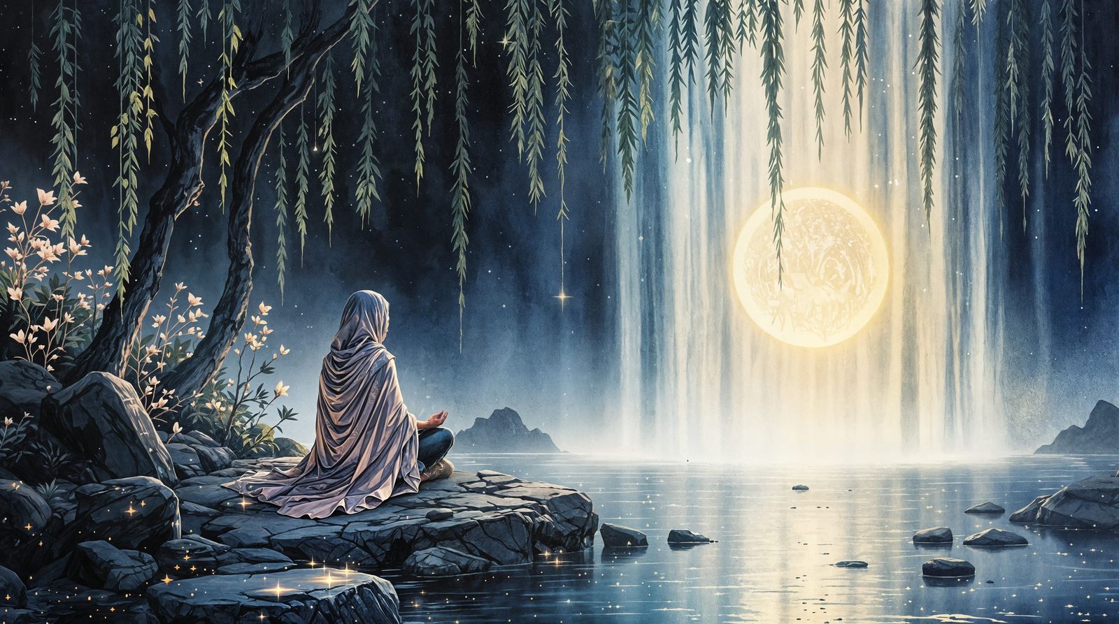 Ethereal Nomad in Moonlit Willow Grove