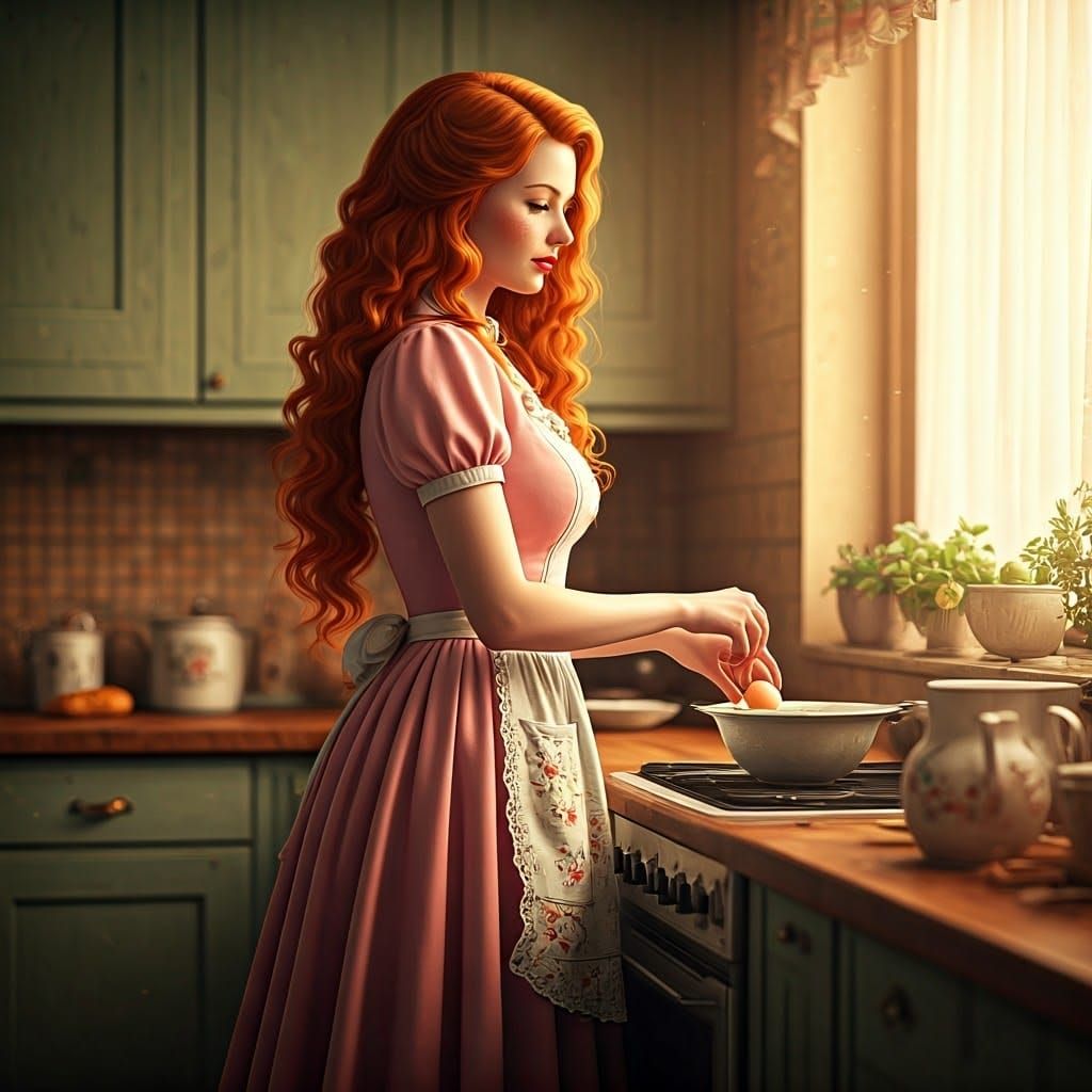 Hyperrealistic Mid-Century Homemaker in Retro Kitchen