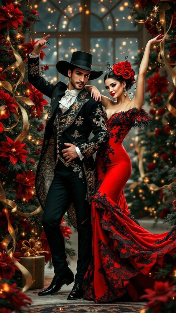 Elegant Flamenco Dancer Poses with Suitor Amidst Vibrant Chr...