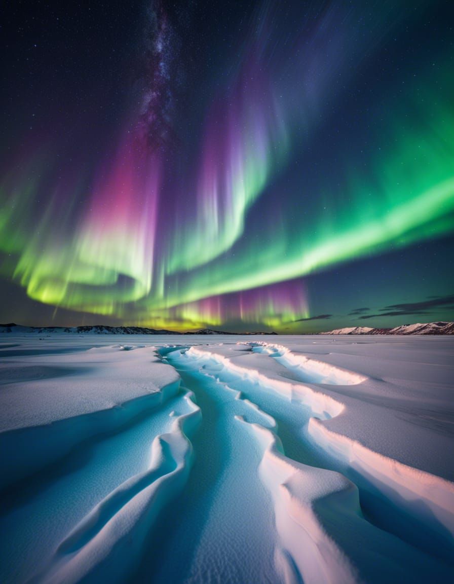 Aurora Borealis Over Frozen Arctic Landscape