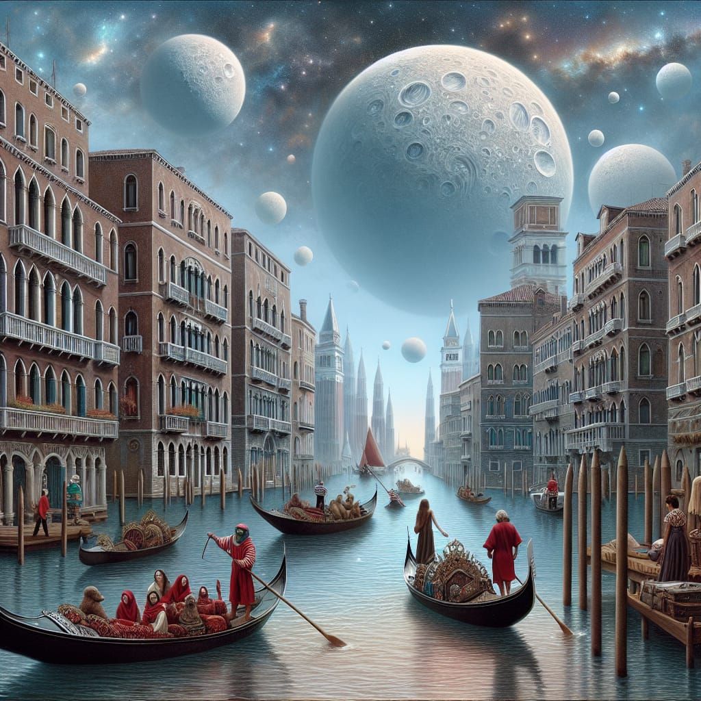Surreal Venice-Inspired Waterfront Scene at Night