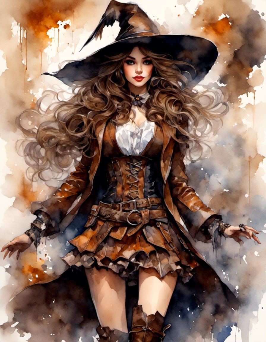 Cute Moxie Witch in Fluid Gouache Style